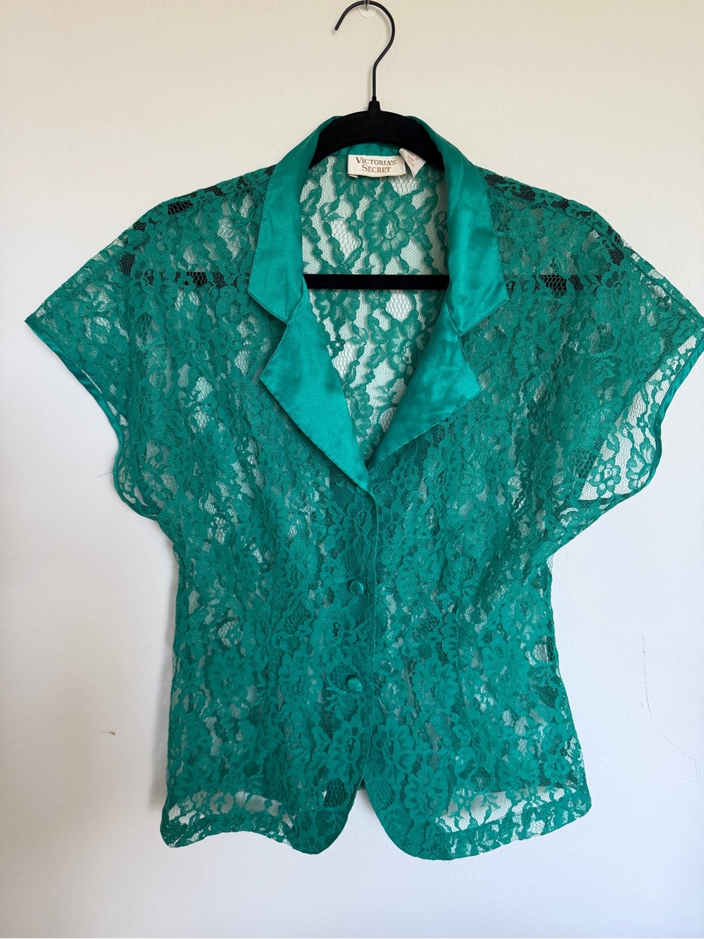 Vintage Victoria’s Secret Emerald Green Lace Button Front Blouse Top Y2K Small